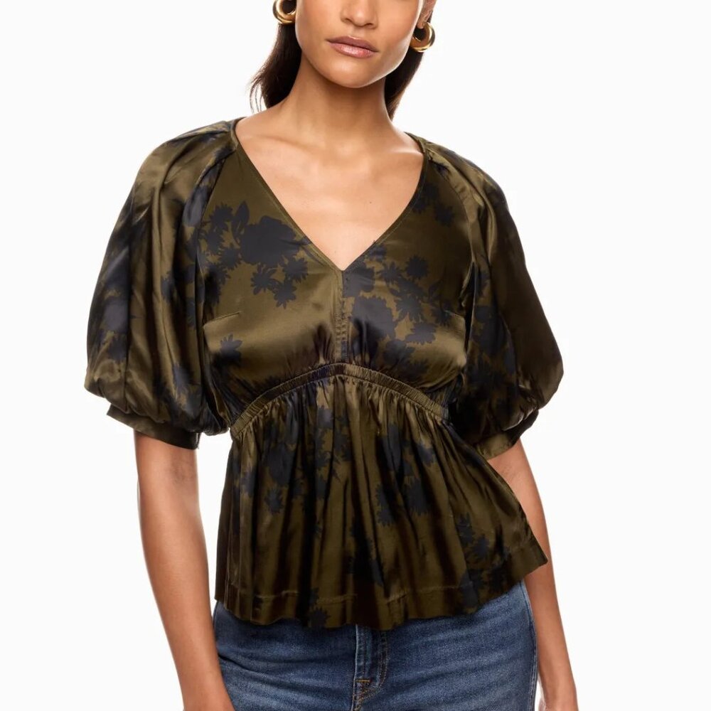 Madewell Kathleen Dark Olive and Black Floral Blouse size L
